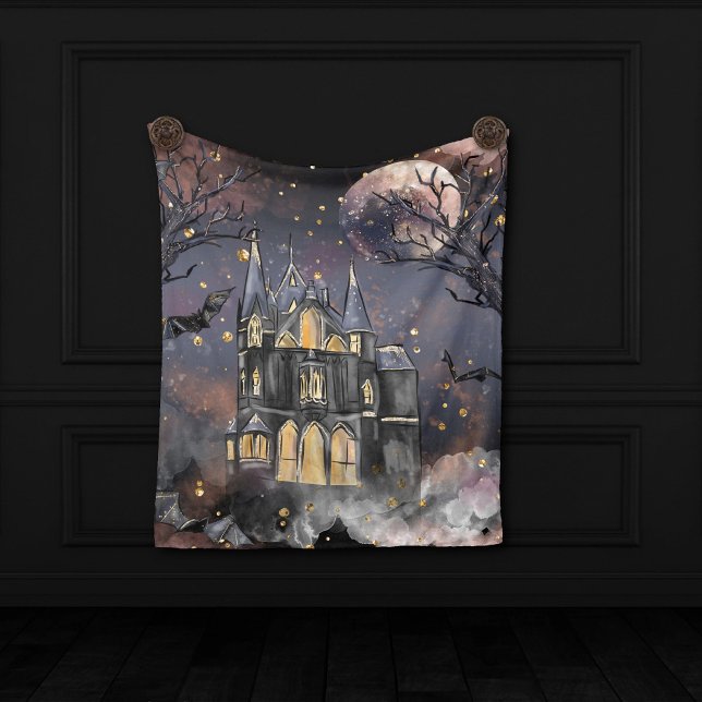 Haunted House | Spooky Full Moon Tree and Bats Fleece Blanket (Creator Uploaded)