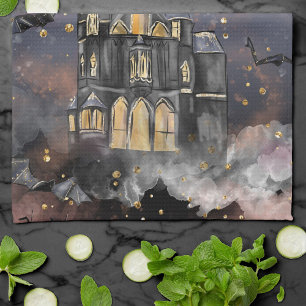 Haunted House   Spooky Full Moon Tree and Bats Kitchen Towel