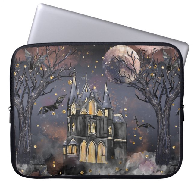 Haunted House | Spooky Full Moon Tree and Bats Laptop Sleeve (Front)