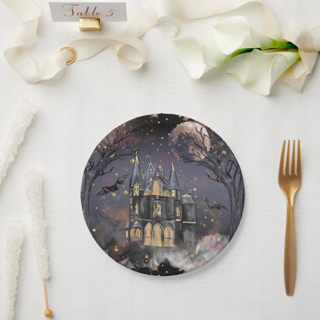 Haunted House | Spooky Full Moon Tree and Bats Paper Plate (Wedding)