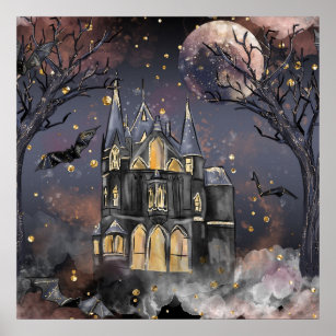 Haunted House   Spooky Full Moon Tree and Bats Poster
