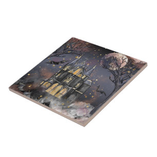 Haunted House   Spooky Full Moon Tree and Bats Tile