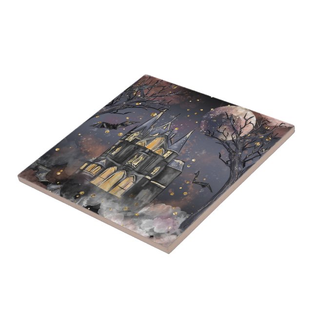 Haunted House | Spooky Full Moon Tree and Bats Tile (Side)