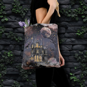 Haunted House Spooky Full Moon Tree and Bats Tote Bag