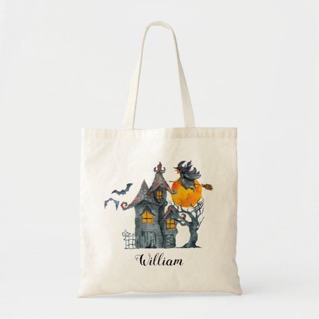 Haunted house, spooky trees and witch Halloween Tote Bag (Front)