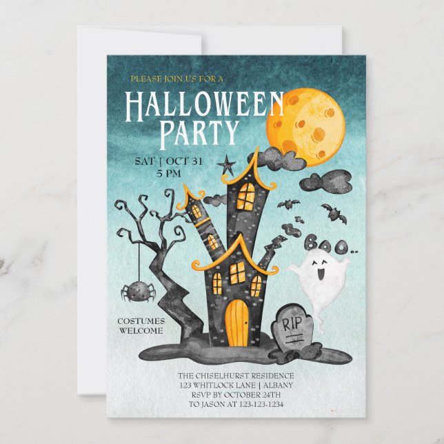 Haunted House Spooky Turquoise Sky Halloween Party Invitation (Front)