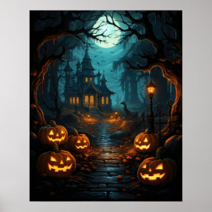 Haunted House Under Moonlit Halloween Poster