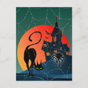 HAUNTED HOUSE, WEB & CAT by SHARON SHARPE Holiday Postcard