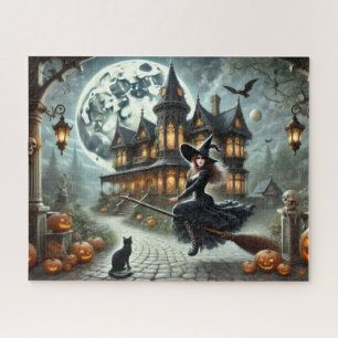 Haunted House, Witch & Full Moon Vintage Halloween Jigsaw Puzzle