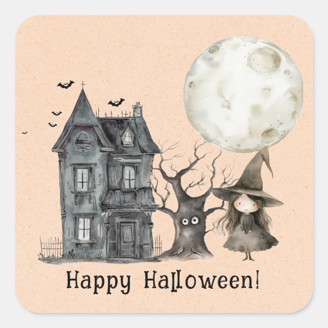 Haunted House Witch Spooky Halloween Party Square Sticker (Front)