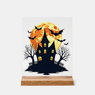 Haunted House with Bats � Spooky Halloween Tee Acrylic Sign