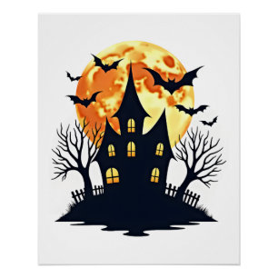 Haunted House with Bats � Spooky Halloween Tee Poster