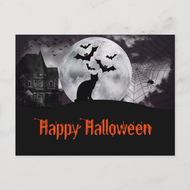Haunted House with Black Cat and Bats Postcard (Front)