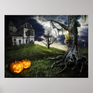 Haunted House with Jack O Lanterns On Halloween Poster