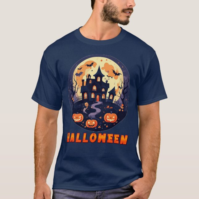 Haunted House with Pumpkins, Ghosts, and Full Moon T-Shirt (Front)