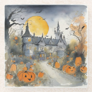 Haunted House with Pumpkins Glass Coaster