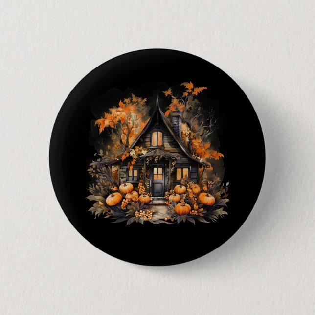 Haunted House with Pumpkins Halloween 2 Inch Round Button (Front)