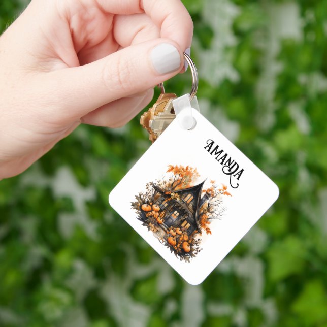 Haunted House with Pumpkins Halloween Keychain (Hand)