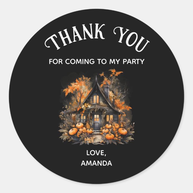 Haunted House with Pumpkins Halloween Party Thanks Classic Round Sticker (Front)
