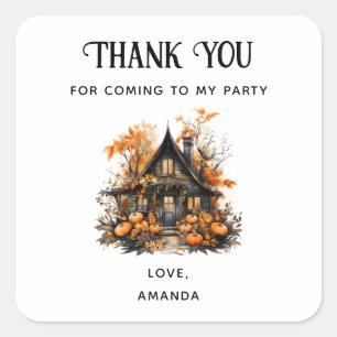 Haunted House with Pumpkins Halloween Party Thanks Square Sticker