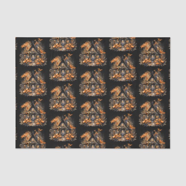 Haunted House with Pumpkins Halloween Pattern Tissue Paper (Front)