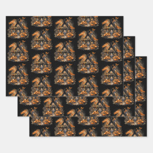 Haunted House with Pumpkins Halloween Pattern Wrapping Paper Sheet