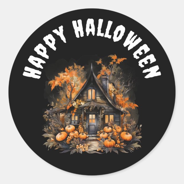 Haunted House with Pumpkins Happy Halloween Classic Round Sticker (Front)