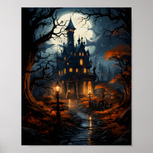 Haunted House With Trees Around Halloween Night Poster