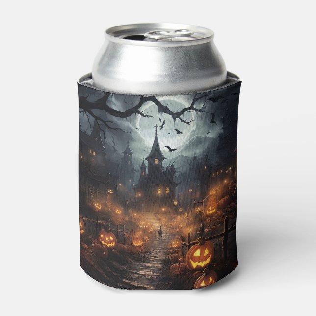 Haunted Houses, Pumpkins and Bats Halloween Can Cooler (Can Front)