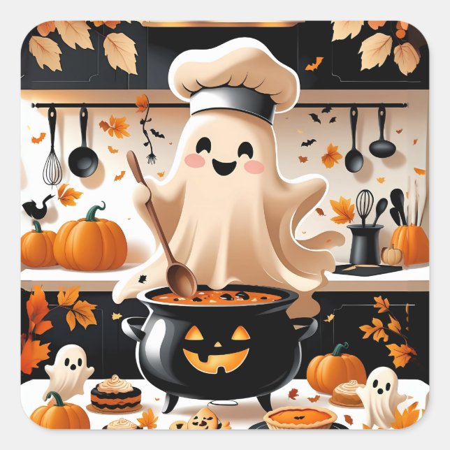 Haunted & Hungry – Kawaii Ghost Chef in the Kitche Square Sticker (Front)