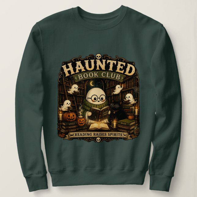 Haunted Library Ghost Reading Book Lover Halloween Sweatshirt (Design Front)