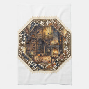 Haunted Library Halloween Stamp Vintage Art Kitchen Towel