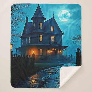 Haunted Mansion Blue Moonlight Night Design Sherpa Blanket
