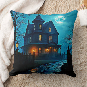Haunted Mansion Blue Moonlight Night Design Throw Pillow