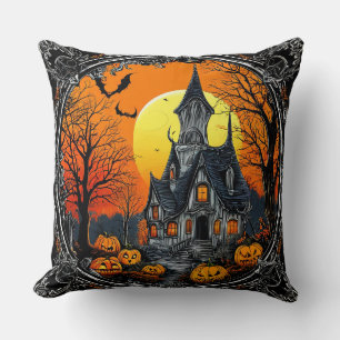 Haunted Mansion Illustration with Jack-O-Lanterns Throw Pillow
