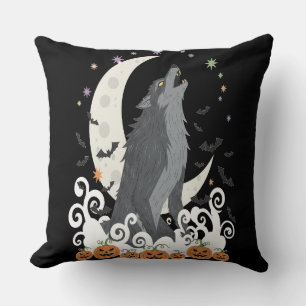 Haunted Moon Wolf Shadows Art Throw Pillow