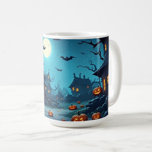 Haunted Moonlit Village With Pumpkins 🎃 Coffee Mug