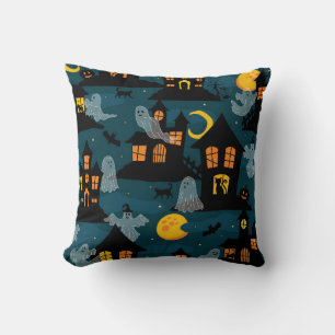 Haunted Neighborhood Halloween vintage Seamless Pa Throw Pillow
