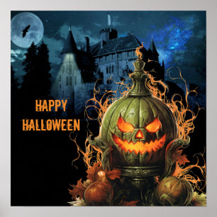 Haunted Pumpkin and Mansion Halloween  Poster