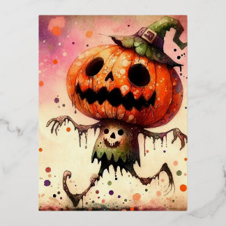 Haunted Pumpkin Foil Holiday Postcard
