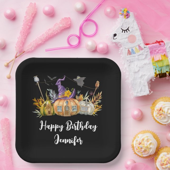 Haunted Pumpkin House with Ghost & Bats Birthday Paper Plate (Party)