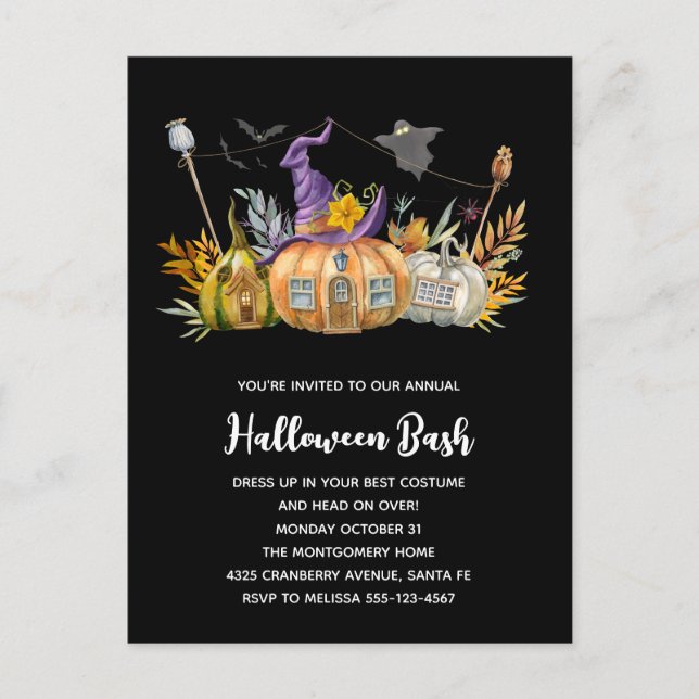Haunted Pumpkin House with Ghost & Bats Invitation Postcard (Front)