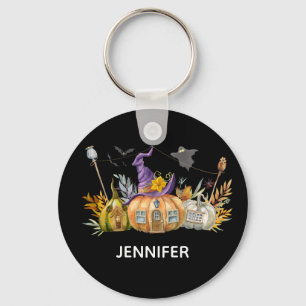 Haunted Pumpkin House with Ghost & Bats Keychain