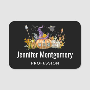 Haunted Pumpkin House with Ghost & Bats Name Tag