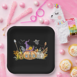 Haunted Pumpkin House with Ghost & Bats Paper Plate