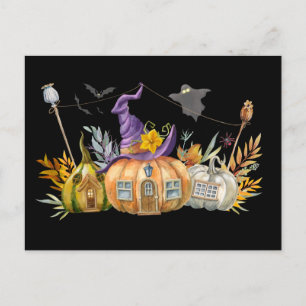 Haunted Pumpkin House with Ghost & Bats Postcard