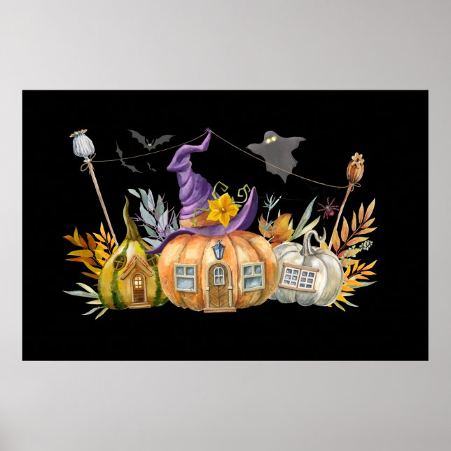 Haunted Pumpkin House with Ghost & Bats Poster (Front)