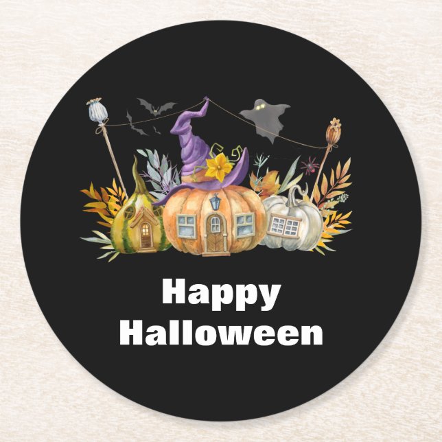 Haunted Pumpkin House with Ghost & Bats Round Paper Coaster (Front)