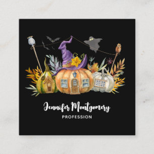 Haunted Pumpkin House with Ghost & Bats Square Business Card