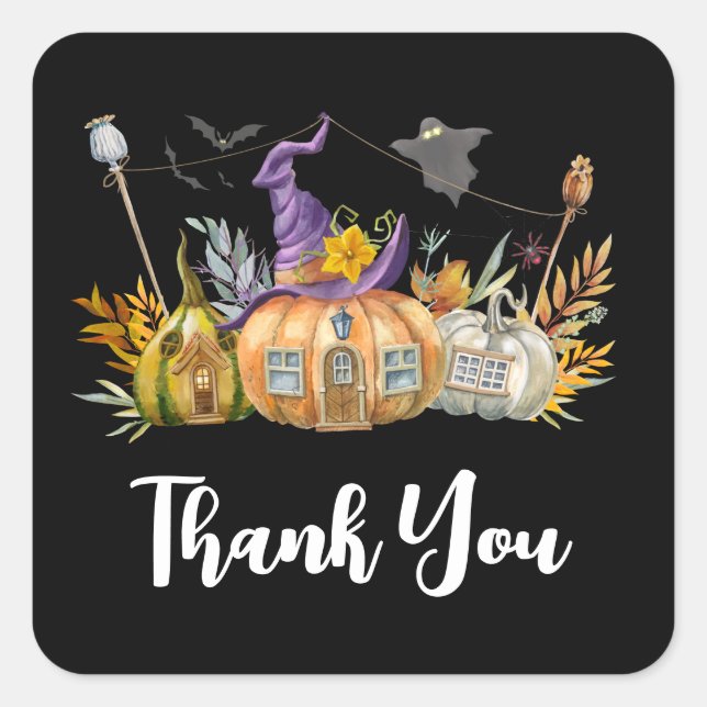 Haunted Pumpkin House with Ghost & Bats Square Sticker (Front)